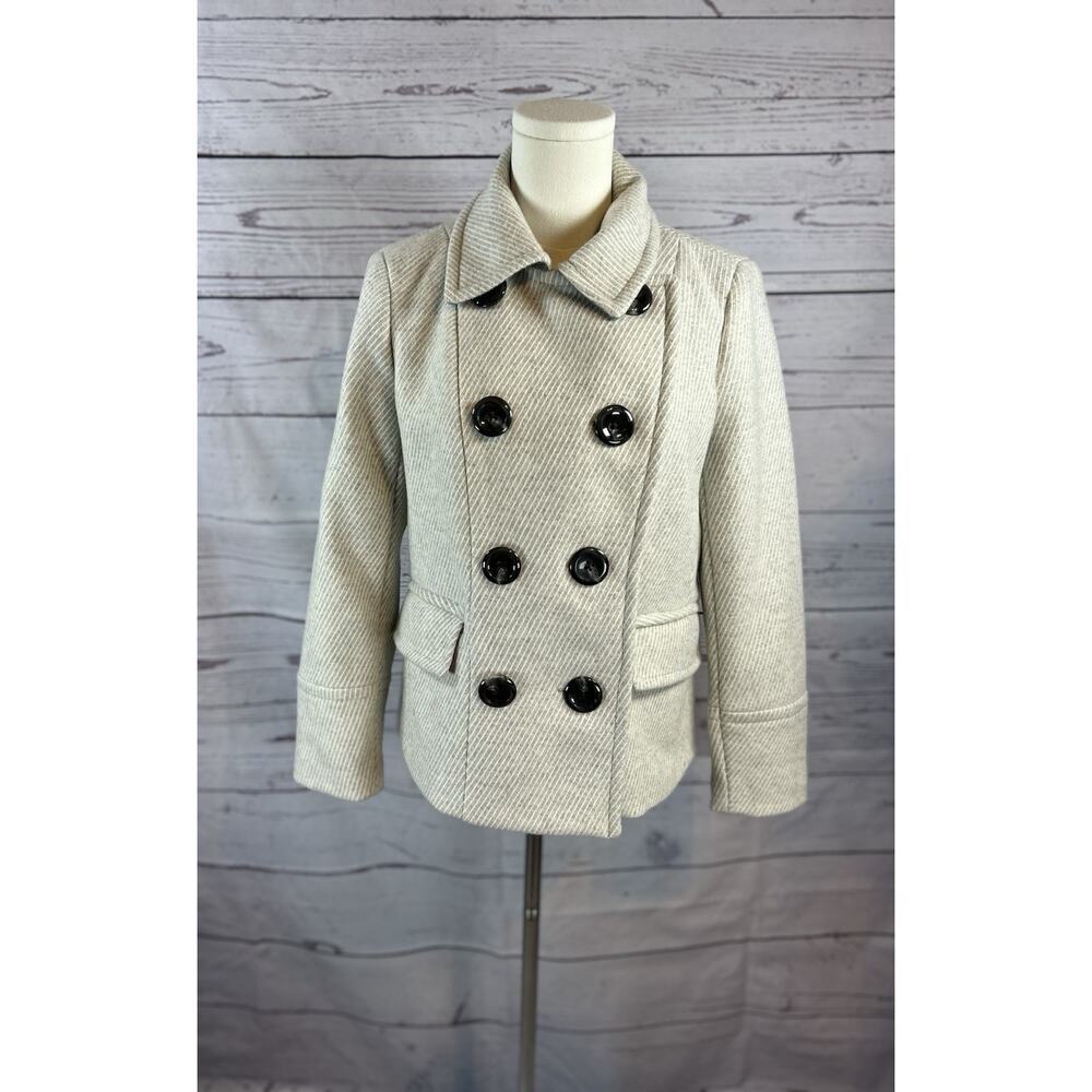 NWT Banana Republic Double Breasted Coat Womens S Petite Ivory Stripe Peacoat